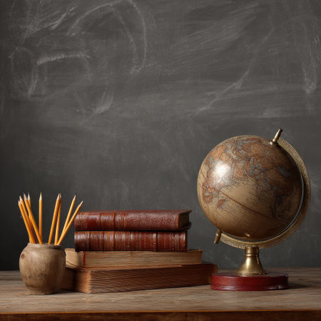 A chalkboard background with books and pencils, a globe on the right side of it, symbolizing education. Stock photo, high-resolution photography, high details. --chaos 40 --v 7 Job ID: 5aa1e501-5830-4092-aa92-8ad1de4caaf9の素材