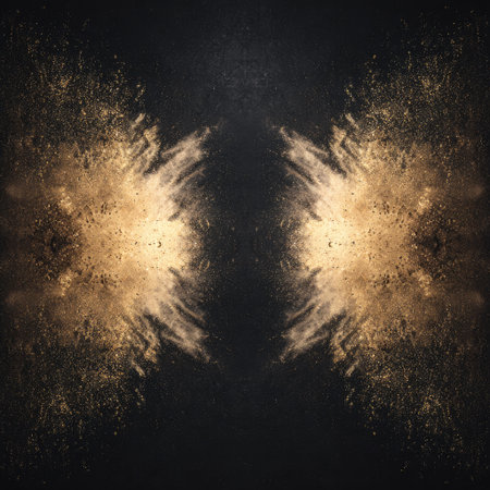 A dark background with golden glitter, swirls of gold dust and light particles, creating an ethereal atmosphere. The composition is symmetrical, and the colors are warm tones of brown and black. There's space for text or graphics on one side. This design would be suitable as a wallpaper or poster, adding elegance to any setting. It can also evoke feelings like luxury, celebration, warmth, beauty, magic, and joy. This is an ultra-realistic photograph captured with a high-resolution 20-megapixel Nikon D850 camera. --chaos 40 --v 7 Job ID: 42912e04-721e-42bf-a44a-8bb818683489の素材