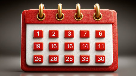 A calendar icon with red squares on a white background, vector illustration style, simple design, high resolution, no shadow, high detail, professional photography, sharp focus, super realistic, studio lighting, white and gray colors, high definition. --chaos 30 --ar 16:9 --stylize 750 --v 7 Job ID: 7ba45dfb-b279-4895-8fff-802f413d04deの素材