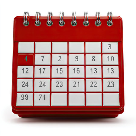 A calendar icon with red squares on a white background, in a simple and minimalistic style, high resolution, professional illustration, realistic photography of the subject. White background. The calendar is a flat shape, with silver metal rings at each corner to make it look like an open notebook or daybook. Each square in the month should have its own color, arranged neatly together. This design gives off an elegant feel and makes for easy understanding without any text or inscription, in the style of a professional illustrator. --chaos 40 --v 7 Job ID: 7d5b42f9-aa2e-4b06-aefa-6e52e06825cbの素材
