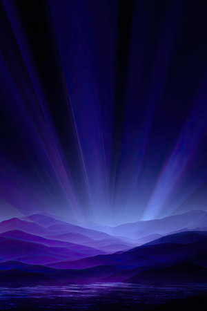 A dark blue background with purple rays of light, there is an abstract landscape in the foreground. The colors are a combination of purple and blue, and the sky has a gradient from deep black to bright white. The image represents a wallpaper for mobile phone screens. It's a digital art piece created with vector graphics. --ar 85:128 --v 7 Job ID: 8deae8f1-2572-405c-80b4-ccb6c8d0af73の素材