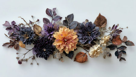 A detailed botanical sculpture of an autumn floral arrangement, with leaves and dried flowers in shades of orange, purple, black, brown, and white, against a stark white background. The artwork is presented from a top-down view, showcasing its intricate details and natural textures. It's a high-quality photograph that captures every detail of the plants' surface, in the style of Jean Beraud. --ar 53:30 --v 7 Job ID: 63076d57-698d-4870-bc0a-5f4a90134a4bの素材