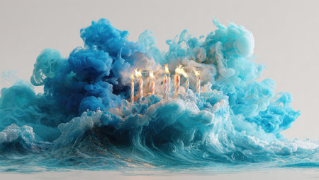 A cake with candles, made of ocean waves and blue smoke, against a white background, in the style of hyper-realistic photography. --ar 53:30 --v 7 Job ID: f77fa4cd-ecb7-4f42-bc01-112dcad641b2の素材