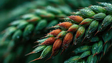 A close-up of green wheat, showing the detailed texture and subtle colors in each ear of grain. The background is blurred to focus on the vibrant hues of the grains. --chaos 30 --ar 16:9 --stylize 750 --v 7 Job ID: 2f6224a5-a280-4d07-8294-95664b47a890の素材