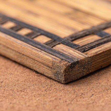 A close-up of the woven pattern on bamboo, showcasing its intricate weave and natural texture. The background is a soft brown to accentuate the details. This shot emphasizes the beauty in traditional craftsmanship, with a focus on fine lines and textures --chaos 40 --v 7 Job ID: 89ddda6a-063d-45c2-a2e0-3c1629221735の素材