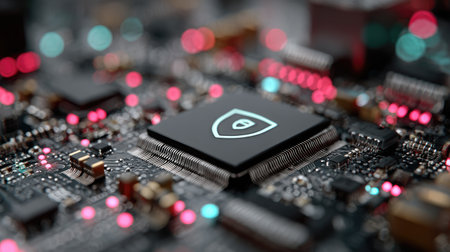 A detailed close-up of an electronic circuit board with neon pink and blue lighting, featuring the outline of a shield in white, symbolizing security against cyber attacks. The background is blurred to emphasize the theme. --chaos 30 --ar 16:9 --stylize 750 --v 7 Job ID: 09be6022-cf04-4905-9b1e-6a2390a51643の素材