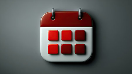 A calendar icon with red squares on a white background, vector illustration style, simple design, high resolution, no shadow, high detail, professional photography, sharp focus, super realistic, studio lighting, white and gray colors, high definition. --chaos 30 --ar 16:9 --stylize 750 --v 7 Job ID: 7ba45dfb-b279-4895-8fff-802f413d04deの素材