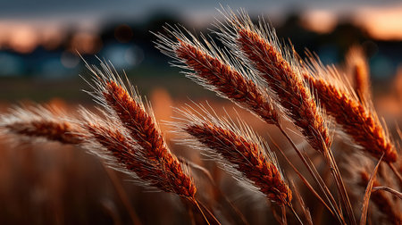 A close-up of golden wheat ears in the foreground, with a vast field and sunset background. The scene is captured using a Canon EOS R5 mirrorless camera paired with an RF24-70mm f/2.8 lens. Soft natural lighting enhances the colors, creating a warm atmosphere. High resolution, ultra-realistic, highly detailed, and vibrant colors enhance the textures and details on each ear of grain. This photo showcases the beauty of nature's harvest in all its glory. --chaos 30 --ar 16:9 --stylize 750 --v 7 Job ID: 601f2a00-a4ab-47f5-98b7-443de7991e4cの素材