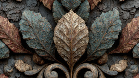 A close-up of leaves carved in wood, with a brown background, detailed foliage, a hyper-realistic sculpture, textured wallpaper, a seamless pattern, a nature-inspired installation, and a symmetrical design. --chaos 30 --ar 16:9 --stylize 750 --v 7 Job ID: c0cb7fac-ca97-4322-a98b-5e9d183520aeの素材