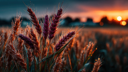A close-up of golden wheat ears in the foreground, with a vast field and sunset background. The scene is captured using a Canon EOS R5 mirrorless camera paired with an RF24-70mm f/2.8 lens. Soft natural lighting enhances the colors, creating a warm atmosphere. High resolution, ultra-realistic, highly detailed, and vibrant colors enhance the textures and details on each ear of grain. This photo showcases the beauty of nature's harvest in all its glory. --chaos 30 --ar 16:9 --stylize 750 --v 7 Job ID: 601f2a00-a4ab-47f5-98b7-443de7991e4cの素材
