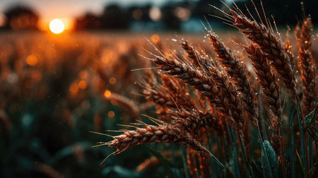 A close-up of golden wheat ears in the foreground, with a vast field and sunset background. The scene is captured using a Canon EOS R5 mirrorless camera paired with an RF24-70mm f/2.8 lens. Soft natural lighting enhances the colors, creating a warm atmosphere. High resolution, ultra-realistic, highly detailed, and vibrant colors enhance the textures and details on each ear of grain. This photo showcases the beauty of nature's harvest in all its glory. --chaos 30 --ar 16:9 --stylize 750 --v 7 Job ID: 601f2a00-a4ab-47f5-98b7-443de7991e4cの素材