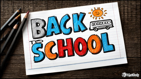 A colorful cartoon drawing of the words "BACK TO SCHOOL" on white lined paper, drawn by a child with crayons. A school bus and sun are in the background, with a white colored pencil doodle outline in a clip art style. A simple, cute, and colorful design, resembling a coloring book page for kids. High resolution, 2D render, on a white isolated background with high detail and no shading. --chaos 30 --ar 16:9 --stylize 750 --v 7 Job ID: e67156c9-a863-4ff2-a372-c88a66c8f3e6の素材