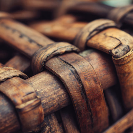 A close-up of the woven pattern on bamboo, showcasing its intricate weave and natural texture. The background is a soft brown to accentuate the details. This shot emphasizes the beauty in traditional craftsmanship, with a focus on fine lines and textures --chaos 40 --v 7 Job ID: 89ddda6a-063d-45c2-a2e0-3c1629221735の素材