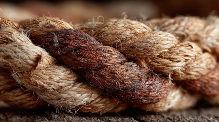 A close-up of the texture and details on an old, heavy rope with three strands. The thick, brown color creates a contrast against the background, emphasizing its ruggedness. The ropes appear to be coiled together in shallow waves or a patterned shape, suggesting their use as part of a harbor system. This photo highlights not just the beauty but also some history behind it. --chaos 30 --ar 16:9 --stylize 750 --v 7 Job ID: 6bb0108f-f0c4-45a9-b55e-d5f14ea6f510の素材