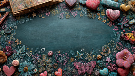 A cute chalkboard background with colorful chalk doodles of school icons like an A+ and heart, stars, butterfly, etc., on the border of a green board, for writing in your children's notebook or book cover design, in a flat lay. --chaos 30 --ar 16:9 --stylize 750 --v 7 Job ID: 3a7388f5-de1d-4daa-a5bf-33aa8e650694の素材