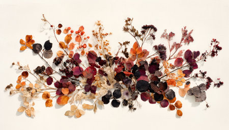 A detailed botanical sculpture of an autumn floral arrangement, with leaves and dried flowers in shades of orange, purple, black, brown, and white, against a stark white background. The artwork is presented from a top-down view, showcasing its intricate details and natural textures. It's a high-quality photograph that captures every detail of the plants' surface, in the style of Jean Beraud. --ar 53:30 --v 7 Job ID: 63076d57-698d-4870-bc0a-5f4a90134a4bの素材