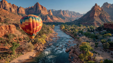 A colorful hot air balloon floating above the red rock canyons of St. George, Utah, with greenery and rivers below, in beautiful sunlight. Award-winning photography in the style of Daniel Kordan. --chaos 30 --ar 16:9 --stylize 750 --v 7 Job ID: 75d19ecf-e0fa-45a8-bcb7-d37673a3909bの素材