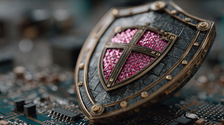 A detailed close-up of an advanced cybersecurity shield on top of a circuit board, with neon lights glowing in pink and blue hues. The shield is set against the backdrop of intricate circuits, symbolizing high-tech data protection technology. --chaos 30 --ar 16:9 --stylize 750 --v 7 Job ID: 622c1dff-3860-47c7-ba3e-71bef163a77bの素材