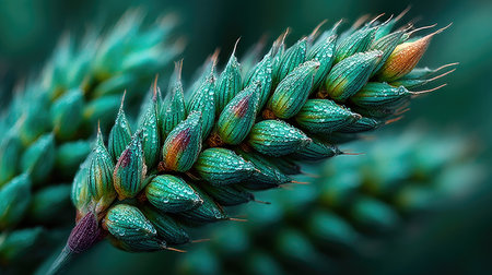 A close-up of green wheat, showing the detailed texture and subtle colors in each ear of grain. The background is blurred to focus on the vibrant hues of the grains. --chaos 30 --ar 16:9 --stylize 750 --v 7 Job ID: 2f6224a5-a280-4d07-8294-95664b47a890の素材