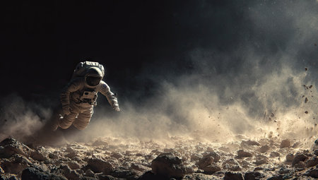 A cinematic photograph of an astronaut in a spacesuit, falling through the atmosphere onto a dark and dusty planet with many rocks. The dust particles around the astronaut create a soft, misty cloud. A high-contrast photo with dramatic lighting, in the style of David McErlain. --ar 53:30 --v 7 Job ID: e0d6f8af-057c-4768-86bf-ac01d53daefaの素材