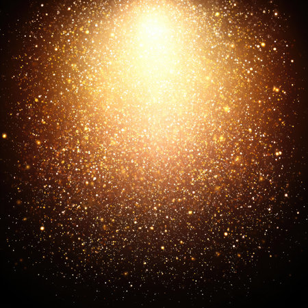 A dark background with golden glitter, swirls of gold dust and light particles, creating an ethereal atmosphere. The composition is symmetrical, and the colors are warm tones of brown and black. There's space for text or graphics on one side. This design would be suitable as a wallpaper or poster, adding elegance to any setting. It can also evoke feelings like luxury, celebration, warmth, beauty, magic, and joy. This is an ultra-realistic photograph captured with a high-resolution 20-megapixel Nikon D850 camera. --chaos 40 --v 7 Job ID: 42912e04-721e-42bf-a44a-8bb818683489の素材