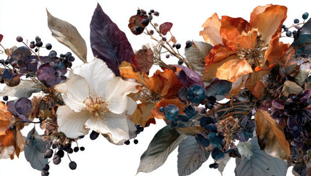 A detailed botanical sculpture of an autumn floral arrangement, with leaves and dried flowers in various shades of orange, purple, black, brown, white, and blue against a stark white background. The artwork is rendered using digital art techniques to highlight the intricate textures and colors of each element. It's a stunning display that captures the beauty and diversity of nature during the fall season. --ar 53:30 --v 7 Job ID: 678ad5c5-b7d8-43bf-a1b0-fb72de08fe50の素材