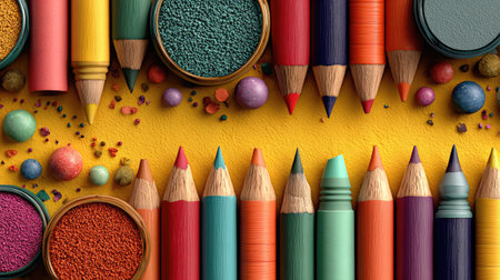 A colorful school supplies background with space for text on a yellow background, in a flat lay composition. The scene includes various stationery items like pencils and markers arranged in an aesthetically pleasing manner. There is copy space area at the top of the frame to add your own message or brand logo. This design creates a cheerful atmosphere suitable as a social media banner or header. --chaos 30 --ar 16:9 --stylize 750 --v 7 Job ID: 7f7148de-9018-4bb1-b0fa-8140c218fb6dの素材