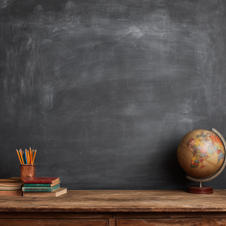 A chalkboard background with books and pencils, a globe on the right side of it, symbolizing education. Stock photo, high-resolution photography, high details. --chaos 40 --v 7 Job ID: 5aa1e501-5830-4092-aa92-8ad1de4caaf9の素材