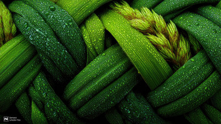 A close-up of fresh green lemongrass leaves arranged in an intricate pattern, creating the appearance of woven wicker or bamboo fabric. The texture is delicate and soft, with subtle veins visible on each leaf, giving it depth and realism. This background evokes nature's beauty while adding vibrant colors to your design. --chaos 30 --ar 16:9 --stylize 750 --v 7 Job ID: 52c52a5f-8ef5-4222-8180-45d404656f6eの素材