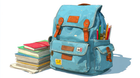 A cartoon school backpack with pencils, books, and notes isolated on a white background, vector illustration. Back to School concept. Blue-colored bag clip art for design elements. Flat Cartoon Illustration of a blue-colored schoolbag icon. Vector flat style, isolated on white, doodle style, bold lines, vibrant colors, in the style of Pixar, on a white background. --chaos 30 --ar 16:9 --stylize 750 --v 7 Job ID: 334c7daf-a2a5-41a0-a4d3-c3f524550b02の素材