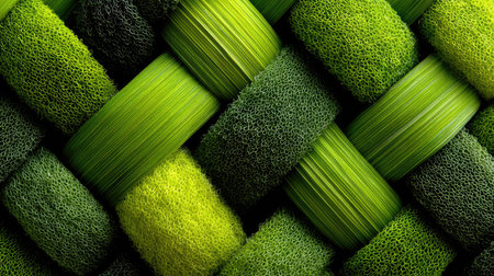 A close-up of fresh green lemongrass leaves arranged in an intricate pattern, creating the appearance of woven wicker or bamboo fabric. The texture is delicate and soft, with subtle veins visible on each leaf, giving it depth and realism. This background evokes nature's beauty while adding vibrant colors to your design. --chaos 30 --ar 16:9 --stylize 750 --v 7 Job ID: 52c52a5f-8ef5-4222-8180-45d404656f6eの素材