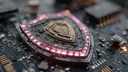 A detailed close-up of an advanced cybersecurity shield on top of a circuit board, with neon lights glowing in pink and blue hues. The shield is set against the backdrop of intricate circuits, symbolizing high-tech data protection technology. --chaos 30 --ar 16:9 --stylize 750 --v 7 Job ID: 622c1dff-3860-47c7-ba3e-71bef163a77bの素材