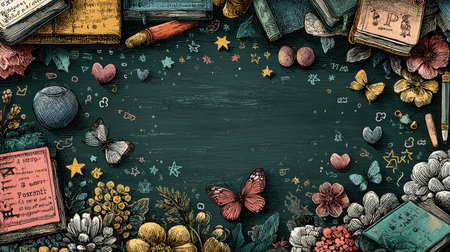 A cute chalkboard background with colorful chalk doodles of school icons like an A+ and heart, stars, butterfly, etc., on the border of a green board, for writing in your children's notebook or book cover design, in a flat lay. --chaos 30 --ar 16:9 --stylize 750 --v 7 Job ID: 3a7388f5-de1d-4daa-a5bf-33aa8e650694の素材