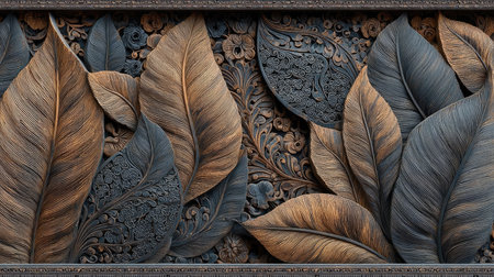 A detailed wood carving of leaves, each leaf intricately carved to appear as if they could be real, set against an earthy brown background that complements the organic feel of nature, with soft lighting highlighting their textures and shapes, creating depth in this high-resolution, hyper-realistic digital art piece in the style of a skilled wood carver. --chaos 30 --ar 16:9 --stylize 750 --v 7 Job ID: 5d0111df-11a8-4c49-9b9c-51b98a2d05bdの素材