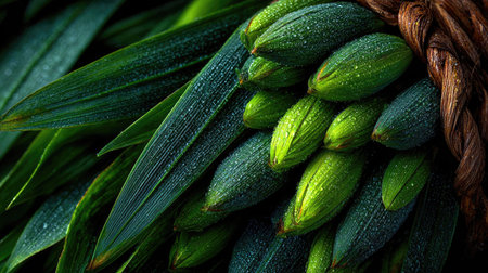 A close-up of fresh green lemongrass leaves arranged in an intricate pattern, creating the appearance of woven wicker or bamboo fabric. The texture is delicate and soft, with subtle veins visible on each leaf, giving it depth and realism. This background evokes nature's beauty while adding vibrant colors to your design. --chaos 30 --ar 16:9 --stylize 750 --v 7 Job ID: 52c52a5f-8ef5-4222-8180-45d404656f6eの素材