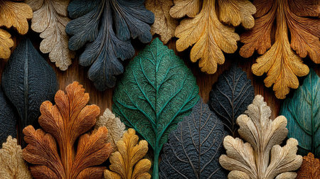 A detailed wood carving of leaves, each leaf intricately carved to appear as if they could be real, set against an earthy brown background that complements the organic feel of nature, with soft lighting highlighting their textures and shapes, creating depth in this high-resolution, hyper-realistic digital art piece in the style of a skilled wood carver. --chaos 30 --ar 16:9 --stylize 750 --v 7 Job ID: 5d0111df-11a8-4c49-9b9c-51b98a2d05bdの素材