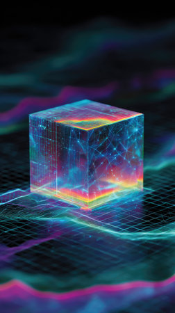 A digital cube, glowing with neon lights and holographic effects on an abstract grid background. The box is composed of translucent glass material, creating the illusion that it floats above the luminous lines. This design symbolizes technology's infinite possibilities in data science and artificial intelligence. --ar 9:16 --v 7 Job ID: 388a9986-2ccc-4206-9f46-199d4082820dの素材