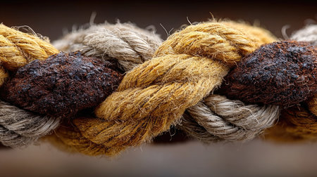 A close-up of an old, heavy rope with natural colors and texture. The ropes are intertwined in the center of the frame, creating an intricate pattern. There is no background, just very light tones to emphasize the details of each wrapped tip. This scene could represent ship mast lines or another outdoor setting where thick, twisted rope would have its place. --chaos 30 --ar 16:9 --stylize 750 --v 7 Job ID: 57fcdea0-04aa-4f50-b30f-555e87ba019eの素材