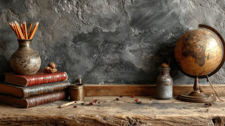 A chalkboard background with books and pencils, creating an atmosphere of learning and education. The photo is taken from the front perspective, focusing on one side of the blackboard where there's space for text or graphics. There's also a globe placed beside it. This setup creates a cozy yet professional look suitable as a backdrop in school-themed designs. --chaos 30 --ar 16:9 --stylize 750 --v 7 Job ID: ba74003f-7c6b-4f42-bfe2-ec5503720f6cの素材