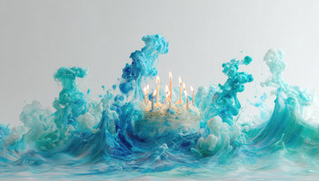 A cake with candles, with ocean waves made of smoke and blue liquid swirling around it, creating an ethereal atmosphere. The white background enhances the overall effect. --ar 53:30 --v 7 Job ID: 1b210306-eaa2-4f95-a2c7-acbf082fc767の素材