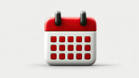 A calendar icon with red squares on a white background, vector illustration style, simple design, high resolution, no shadow, high detail, professional photography, sharp focus, super realistic, studio lighting, white and gray colors, high definition. --chaos 30 --ar 16:9 --stylize 750 --v 7 Job ID: 7ba45dfb-b279-4895-8fff-802f413d04deの素材