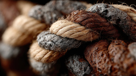 A close-up of an old, heavy rope with natural colors and texture. The ropes are intertwined in the center of the frame, creating an intricate pattern. There is no background, just very light tones to emphasize the details of each wrapped tip. This scene could represent ship mast lines or another outdoor setting where thick, twisted rope would have its place. --chaos 30 --ar 16:9 --stylize 750 --v 7 Job ID: 57fcdea0-04aa-4f50-b30f-555e87ba019eの素材