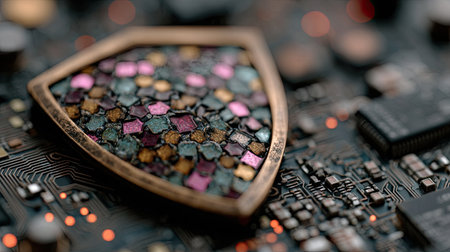 A detailed shield icon glowing with neon lights, set against the backdrop of an intricate circuit board pattern. The scene is illuminated by soft purple and blue lighting that casts gentle shadows on the surface below. This high-quality photograph captures every detail in sharp focus, showcasing both the technological complexity behind data security and its vibrant visual representation. --chaos 30 --ar 16:9 --stylize 750 --v 7 Job ID: 57d425f7-a80e-42bb-8fac-b6f250ac94d2の素材