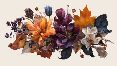 A detailed botanical sculpture of an autumn floral arrangement, with leaves and dried flowers in various shades of orange, purple, black, brown, white, and blue against a stark white background. The artwork is rendered using digital art techniques to highlight the intricate textures and colors of each element. It's a stunning display that captures the beauty and diversity of nature during the fall season. --ar 53:30 --v 7 Job ID: 678ad5c5-b7d8-43bf-a1b0-fb72de08fe50の素材