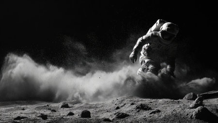A cinematic photograph of an astronaut in a spacesuit, falling through the atmosphere onto a dark and dusty planet with many rocks. The dust particles around the astronaut create a soft, misty cloud. A high-contrast photo with dramatic lighting, in the style of David McErlain. --ar 53:30 --v 7 Job ID: e0d6f8af-057c-4768-86bf-ac01d53daefaの素材