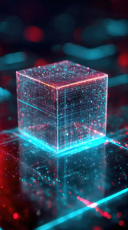 A digital cube with glowing lines and holographic effects, set against an abstract grid background. The cube is in the center of the frame, surrounded by neon blue light beams that create patterns on its surface. It's on top of a dark glass table, with reflections visible around it. There should be subtle red sparks scattered across the image to give depth. The overall mood will convey futuristic technology or data visualization. --ar 9:16 --v 7 Job ID: 0ed4039e-5180-4e06-8028-8d89aa643379の素材
