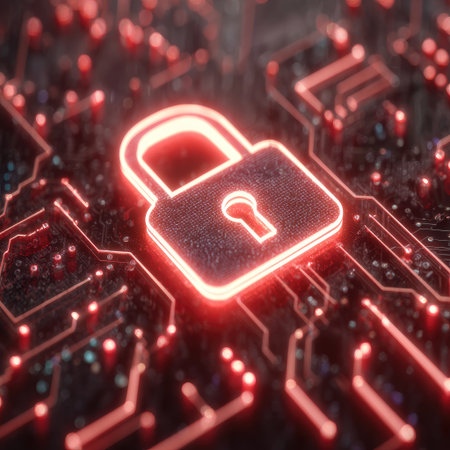 A digital red lock icon surrounded by glowing circuit lines, symbolizing the protection of data in cybersecurity. --chaos 40 --v 7 Job ID: a07b7173-d4f1-44c8-aef1-2efae77035a4の素材
