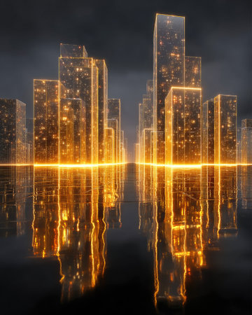 A golden cityscape with buildings and streets made of light beams, representing the modernity of urban life. The city is illuminated by warm yellow lights, creating an atmosphere that reflects technology and innovation. This design could be used for advertising or promotional materials related to smart cities, digital communication, business development, or other technological advancements. --chaos 40 --ar 4:5 --stylize 750 --v 7 Job ID: c3f20c7f-714c-4d9d-b1b8-b8ca692ed67cの素材