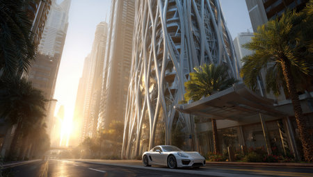 A hyper-realistic rendering of an architectural exterior view, a tall building with a modern, luxurious design in the Dubai cityscape, designed in the style of Ross Lovegrove, made of steel and glass. A car is driving past it, with sun rays creating a cinematic shot. --ar 53:30 --v 7 Job ID: 8e5c8e57-aadc-44ab-99a5-0a48a084e510の素材