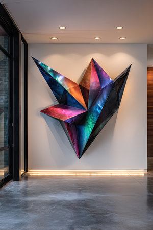 A dynamic, colorful metal sculpture hangs on the wall of an upscale modern home in Texas. The artwork is made from black steel and features angular shapes that resemble stars or triangles. It has glossy reflections with blue, orange, red, purple, green, and pink colors, giving it depth and dimension against the white background. In front of the art piece stands a sleek concrete floor with light strips underneath, creating subtle lighting effects beneath the sculpture. --ar 85:128 --v 7 Job ID: a60ef828-70c6-462d-a3eb-a3ca18029895の素材